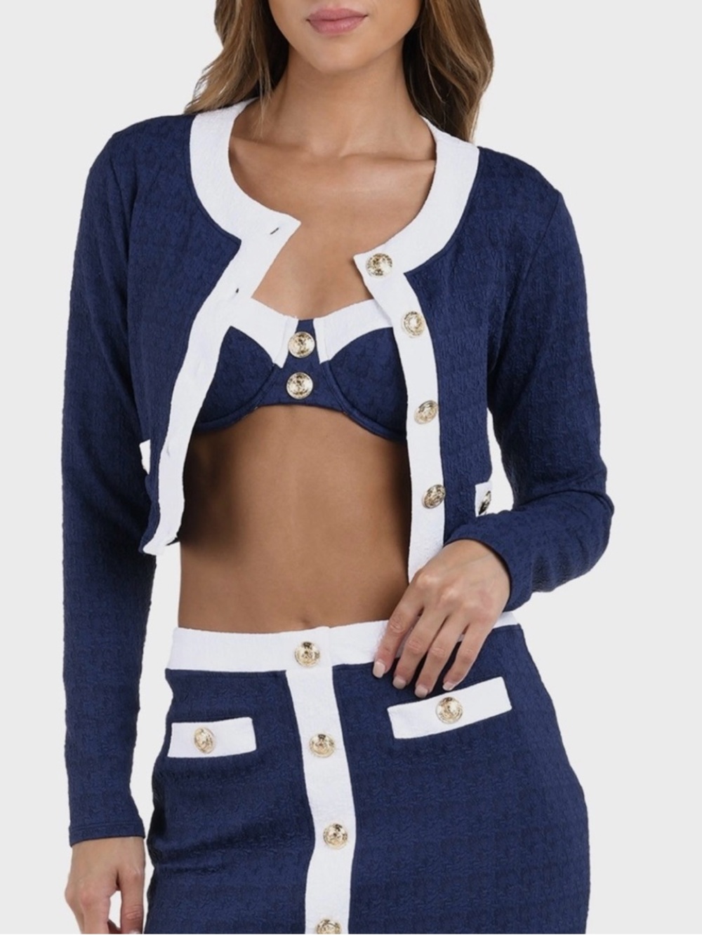 L'AGENCE Navy and White Cropped Swim Cardigan